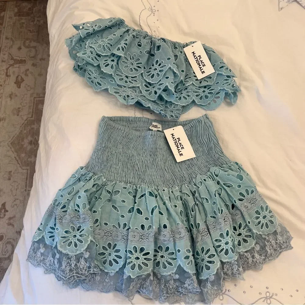 PLACE NATIONALE Top & Smocked Mini Skirt Two Piece Set Baby Blue - Picture 2 of 7